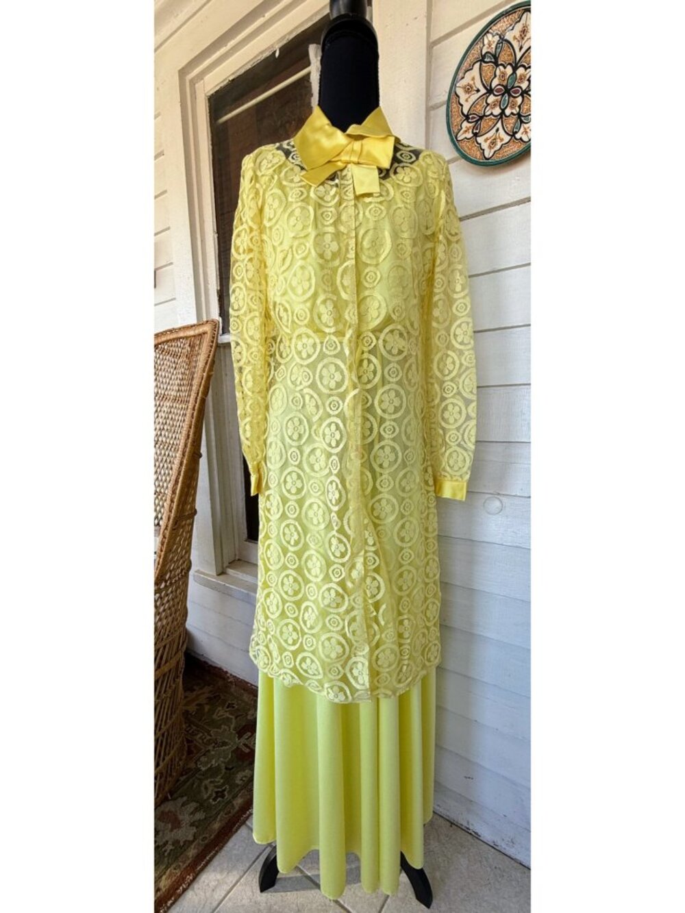 Vintage 60's yellow Maxi Dress Match Lace Jacket /Bow Size XS